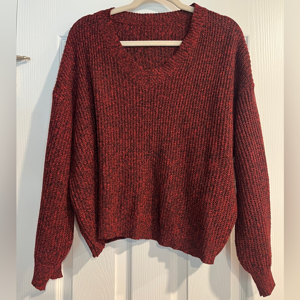 Red V-Neck Sweater Chunky Knit Pullover